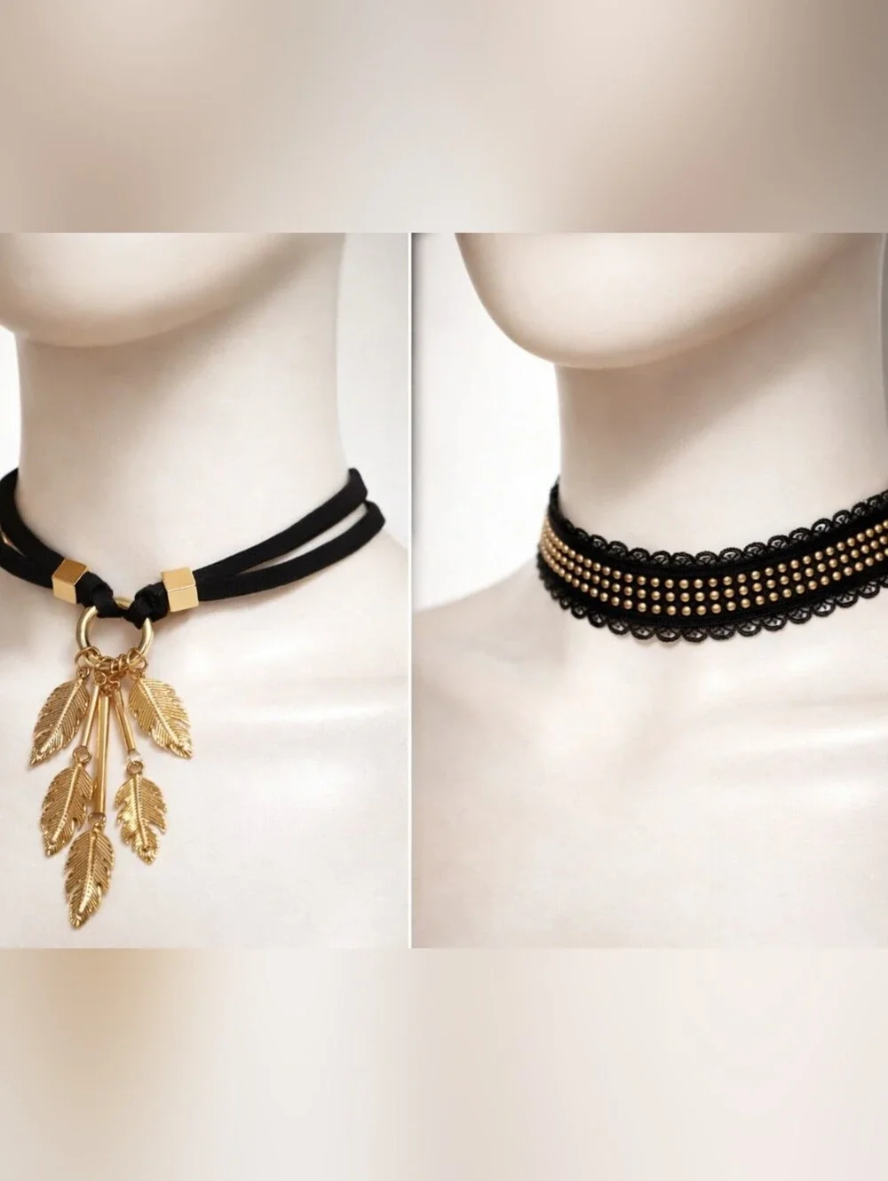 Set of 2 Chokers Gold tone Black Faux Leather Cord leaf charms, Women's Jewelry